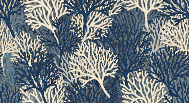 Blue and White Coral Branch Pattern, Underwater Marine Life, Seamless Texture