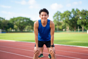 Fototapeta premium Young asian male runner resting on a red outdoor track wearing a blue sports tank top