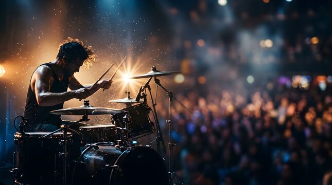 Professional drummer performing on stage at a live music concert event