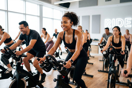 Diverse group of energetic people participating in an indoor stationary cycling class at a gym