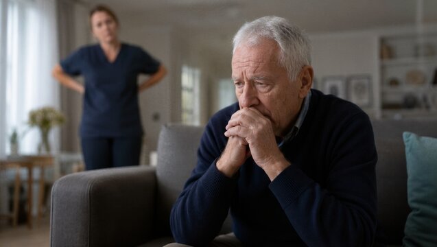 Upset senior man sitting on sofa while aggressive caregiver woman stands behind him. Concept of elder abuse and neglect in nursing home. Awareness for World Elder Abuse Awareness Day.