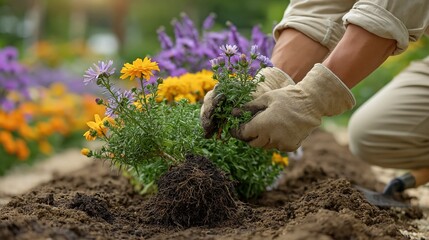 Fototapeta premium Hands wearing gardening gloves planting colorful flowers into fertile soil outdoors in a garden setting