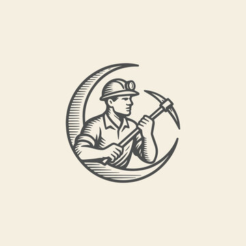 Miner man logo with carved style vector illustration.