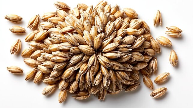 Close-up of raw wheat grains arranged in a radial pattern on a white background
