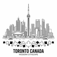 Obraz premium Detailed line art illustration of the Toronto skyline with CN Tower and maple leaves.