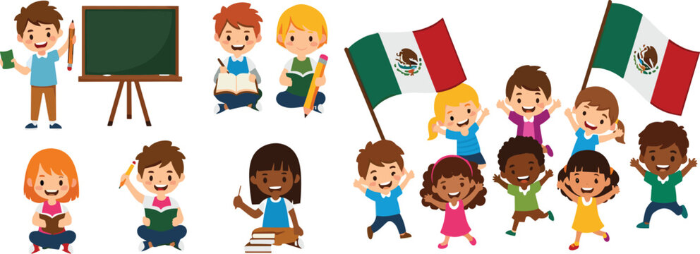 Cute school children learning and celebrating with Mexico flags cartoon vector illustration