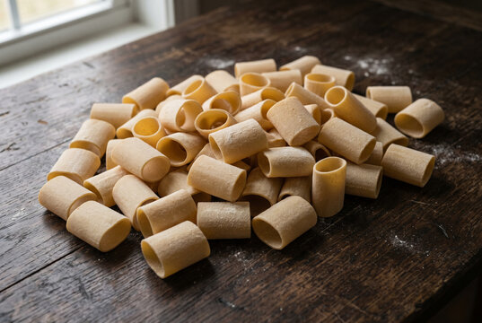 Large pile of raw paccheri pasta on a dark wood table