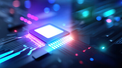 Fototapeta premium Illuminated chip with colorful glowing lines in dark circuit board technology background