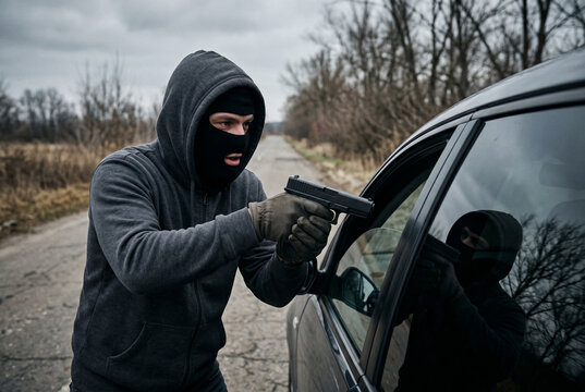 Masked criminal in a grey hoodie aiming a black handgun at a car window on a rural road