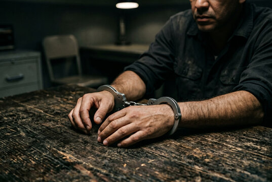 Bound hands of an arrested man wearing metal handcuffs resting on a dark wooden table