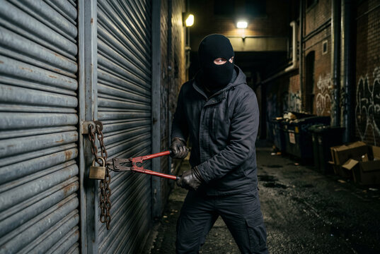 Masked burglar using bolt cutters to break lock on metal door