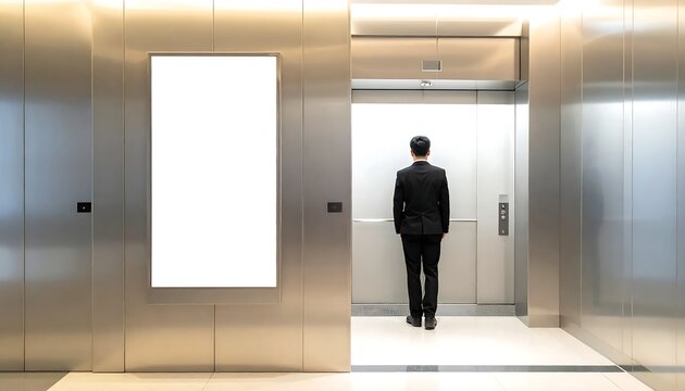 Man in suit standing in front of an elevator with a blank advertisement board