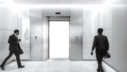 Fototapeta premium Two businessmen walking towards and from a bright elevator in a modern office lobby interior