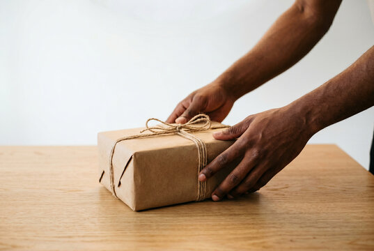 Male hands wrapping a brown paper package secured with rustic twine on a desk