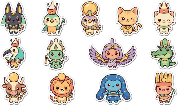 Cute Kawaii Ancient Egyptian Gods Sticker Set Featuring Chibi Deities Anubis Bastet Horus Isis and Sobek for Kids History Graphic Designs