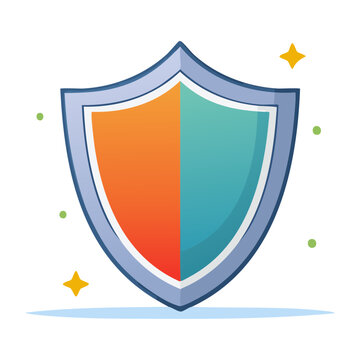 Shield icon with orange and teal halves, surrounded by sparkles