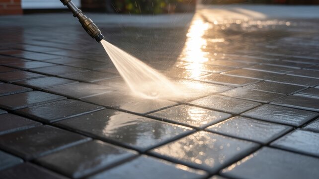 Pressure washer cleaning stone patio tile with powerful stream of water reflecting sunlight