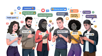 Fototapeta premium A diverse group of young people standing together while using smartphones, surrounded by floating social media chat bubbles, emojis, and network connection lines on a white background