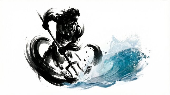 Sumi-e illustration of a mythological sea god holding a trident with a blue crashing wave