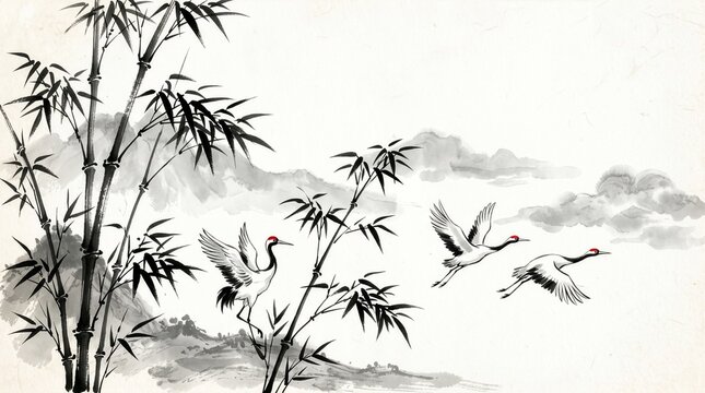 Sumi-e illustration of bamboo stalks and three red-crowned cranes flying and standing