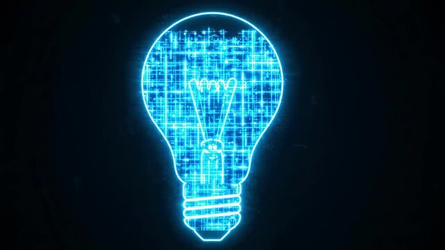 Blue neon light bulb outline with digital circuit base on black