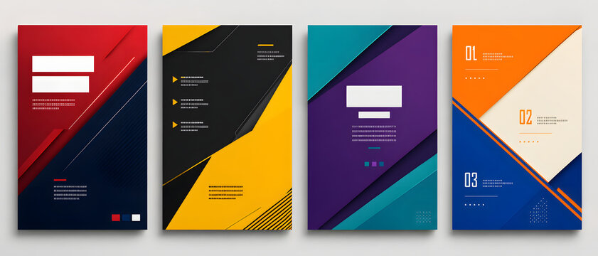 Modern business brochure cover designs, abstract geometric flyer templates with colorful diagonal shapes, corporate annual report layout set
