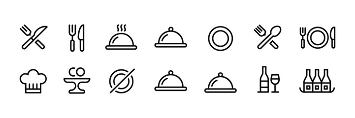 Fototapeta premium Restaurant Catering Icon Set, thin line kitchen and food service symbols, utensils, serving tray, chef hat and beverage waiter vector illustration.
