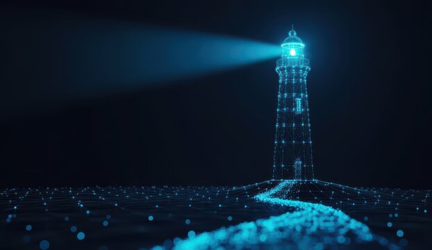 Digital lighthouse with glowing wireframe structure and light beam on a tech background