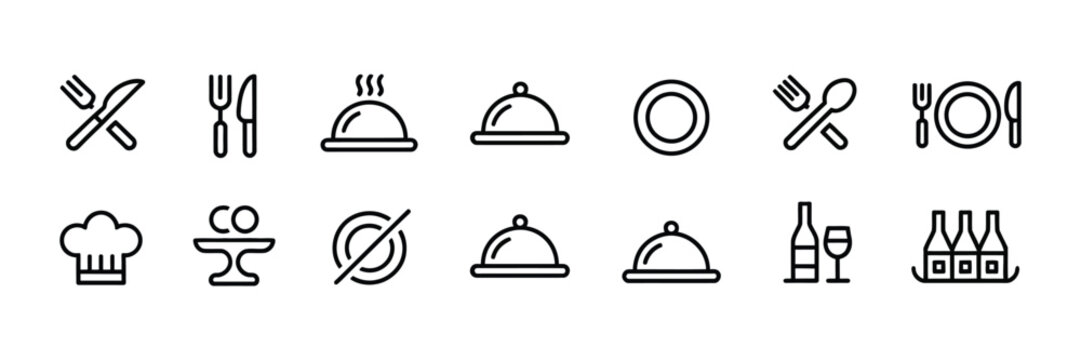 Restaurant Catering Icon Set, thin line kitchen and food service symbols, utensils, serving tray, chef hat and beverage waiter vector illustration.