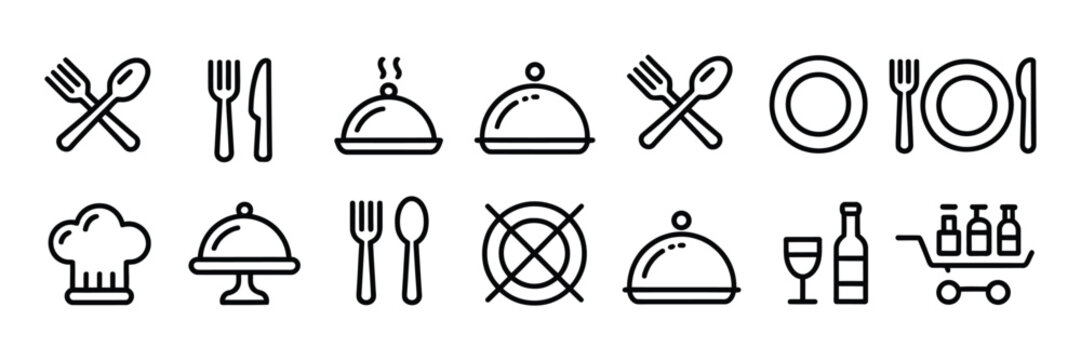 Restaurant Catering Icon Set, thin line kitchen and food service symbols, utensils, serving tray, chef hat and beverage waiter vector illustration.