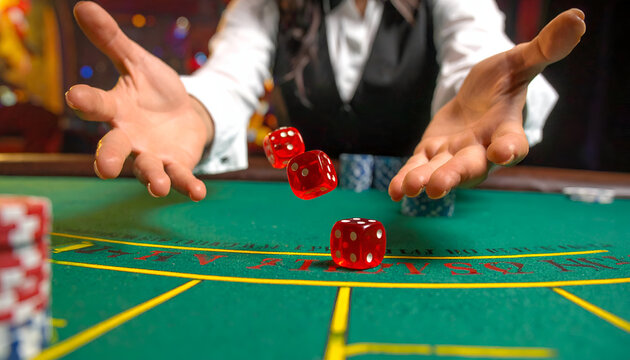 Gambler throwing red dice on a green casino table with blurred background.