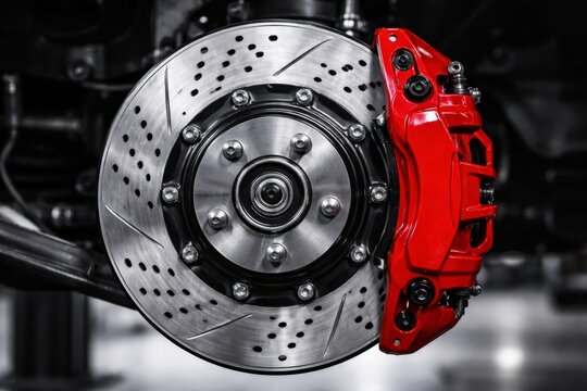 Close-up of red brake caliper and disc on sports car wheel hub assembly. Ai generative