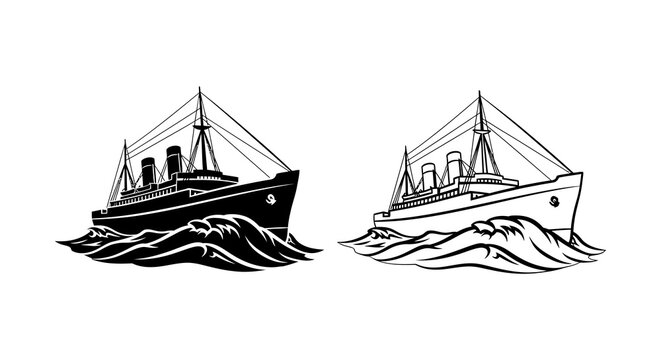 Ocean liner silhouettes on waves black and white graphic design