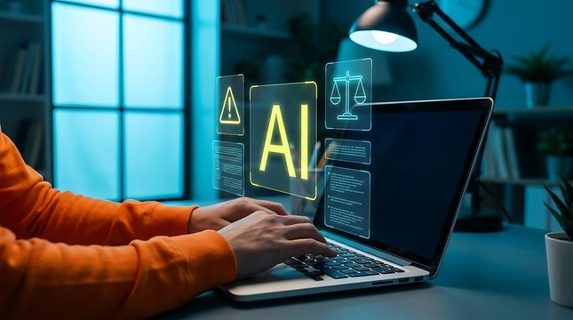 Person typing on laptop with AI ethics legal and warning icons in a dim home office setting