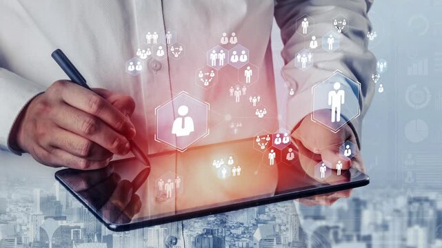 Business professional using tablet to analyze digital data and create visual representations of user engagement and interaction in modern technology context Gluon.