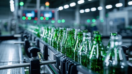 Fototapeta premium Mass production of green glass bottles on a modern automated bottling line in a factory