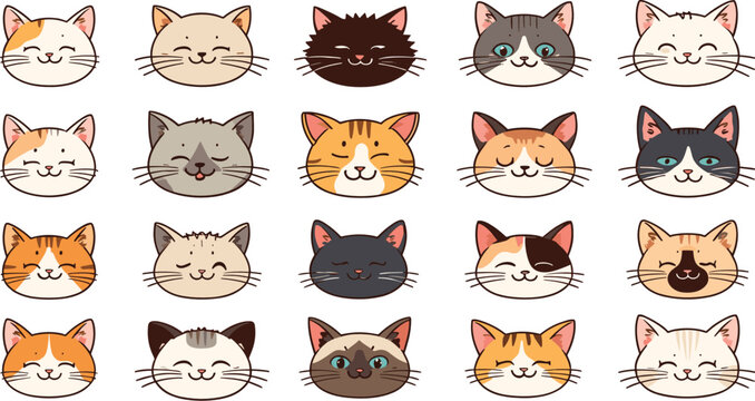 Cute cartoon cat faces collection featuring various happy feline breeds and expressions set against a plain isolated white background vector illustration