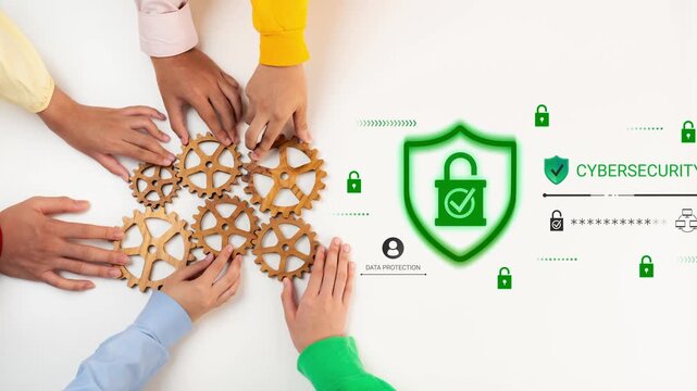 Collaborative Hands Working Together on Gears Representing Cybersecurity and Data Protection Concepts with Shield and Lock Icons in Modern Design Gluon.