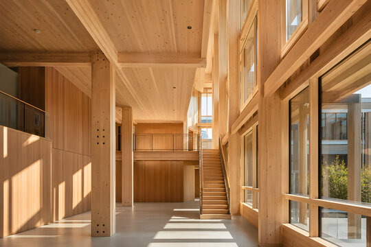 Sunlit mass timber atrium with warm natural interior