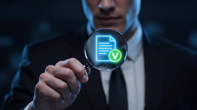 Seamless Vector A man in a suit closely examines a document through a magnifying glass showing a glowing checkmark and document icon.