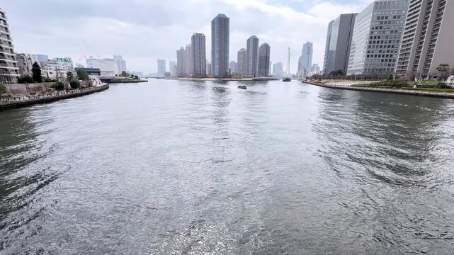 Modern Tokyo Cityscape and Skyscrapers Along the Sumida River Waterfront