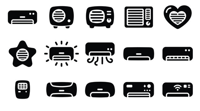 Collection of black silhouette icons representing various types of air conditioners and cooling devices.