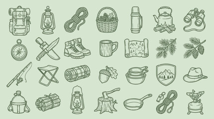 Collection of camping and outdoor adventure icons in a vintage, hand-drawn style. © KN collection