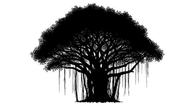 Banyan Tree Silhouette Against White Background Detailed Branching Structure