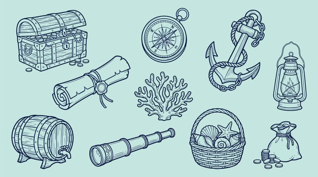 Collection of nautical and pirate-themed objects including a treasure chest, compass, anchor, and barrel.