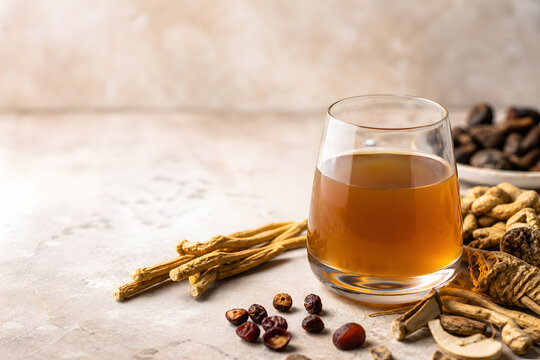 Amber herbal adaptogen elixir with dried botanicals