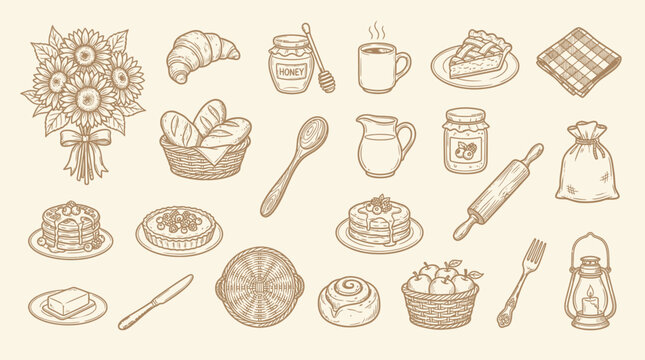 Collection of hand-drawn baking and breakfast items, including pastries, bread, fruit, and drinks, presented in a vintage sketch style.