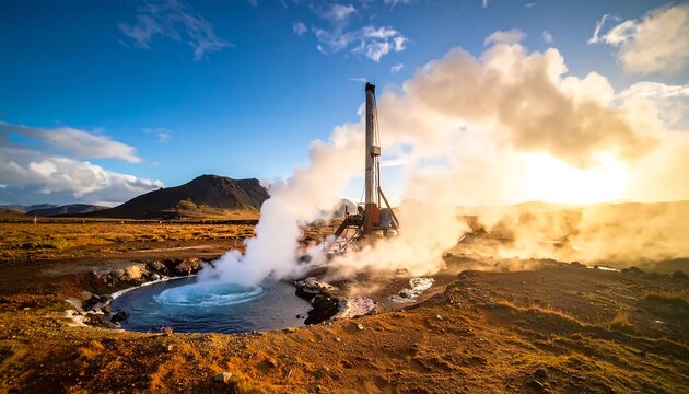 Geothermal landscape hot spring emitting steam, drill rig beyond, against a blue, cloudy sky and brown grass