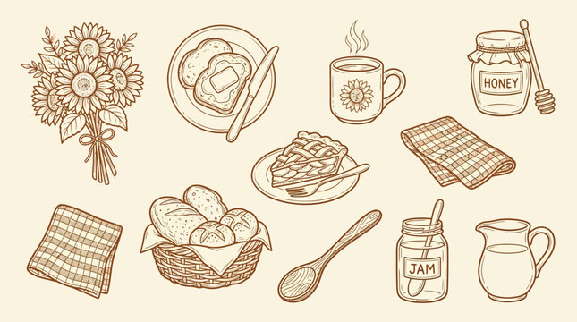A charming hand-drawn collection of breakfast and baking items, including bread, pie, jam, honey, and sunflowers.