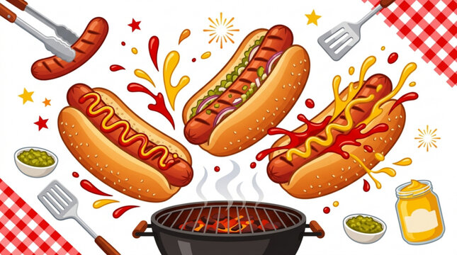 Hot dogs with condiments flying out of a barbecue grill with utensils